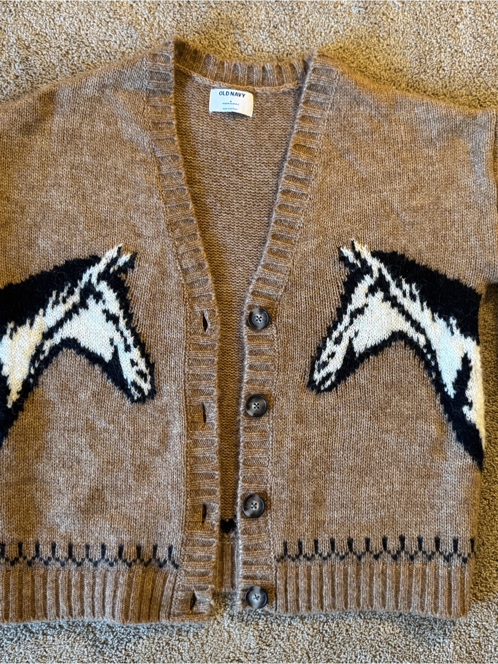 Old Navy Brown Cardigan with Black and White Horse Intarsia